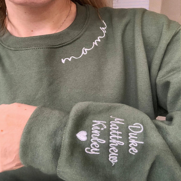 Custom Embroidered Mama Sweatshirt with Kids Name Sleeve